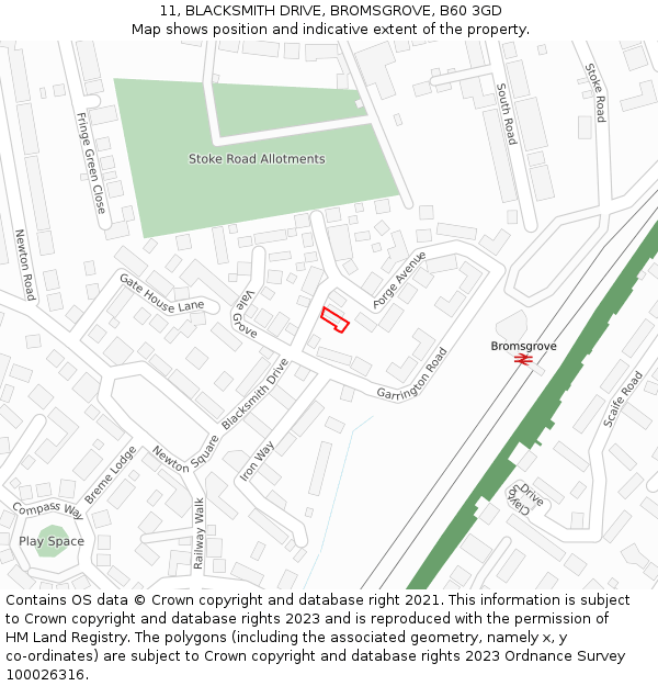 11, BLACKSMITH DRIVE, BROMSGROVE, B60 3GD: Location map and indicative extent of plot