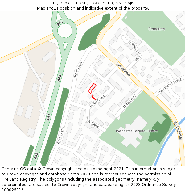 11, BLAKE CLOSE, TOWCESTER, NN12 6JN: Location map and indicative extent of plot