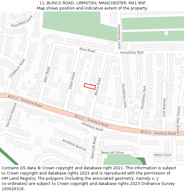 11, BLINCO ROAD, URMSTON, MANCHESTER, M41 9NF: Location map and indicative extent of plot