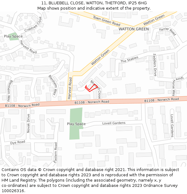 11, BLUEBELL CLOSE, WATTON, THETFORD, IP25 6HG: Location map and indicative extent of plot