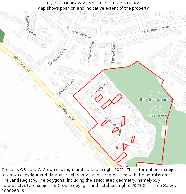 11, BLUEBERRY WAY, MACCLESFIELD, SK10 3GS: Location map and indicative extent of plot