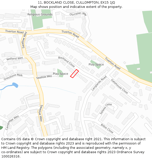 11, BOCKLAND CLOSE, CULLOMPTON, EX15 1JQ: Location map and indicative extent of plot