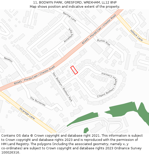 11, BODWYN PARK, GRESFORD, WREXHAM, LL12 8NP: Location map and indicative extent of plot