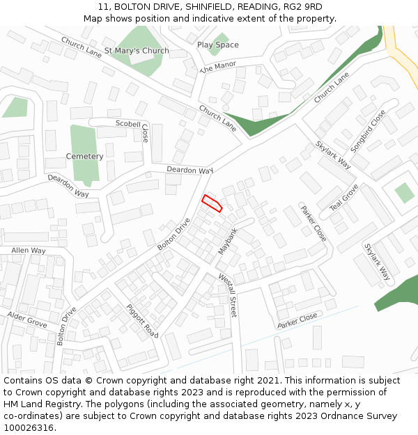 11, BOLTON DRIVE, SHINFIELD, READING, RG2 9RD: Location map and indicative extent of plot
