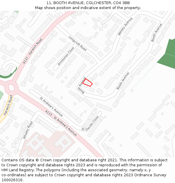 11, BOOTH AVENUE, COLCHESTER, CO4 3BB: Location map and indicative extent of plot