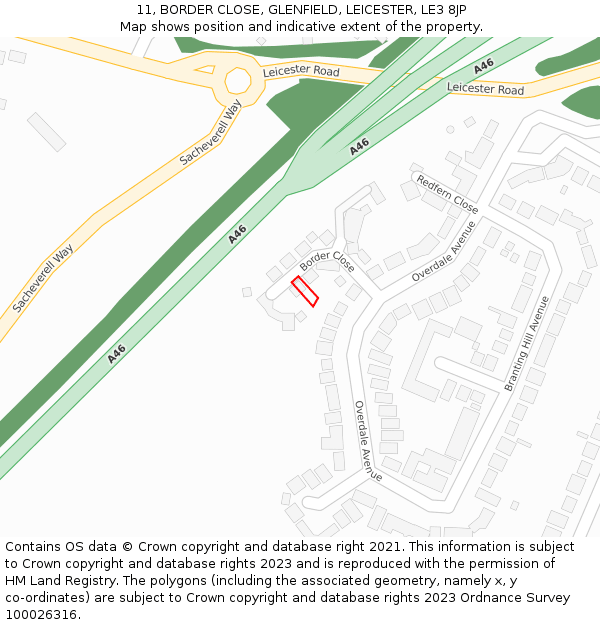 11, BORDER CLOSE, GLENFIELD, LEICESTER, LE3 8JP: Location map and indicative extent of plot