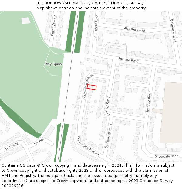 11, BORROWDALE AVENUE, GATLEY, CHEADLE, SK8 4QE: Location map and indicative extent of plot