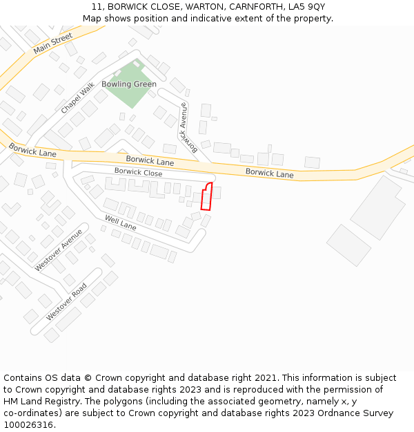 11, BORWICK CLOSE, WARTON, CARNFORTH, LA5 9QY: Location map and indicative extent of plot