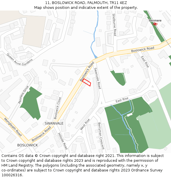 11, BOSLOWICK ROAD, FALMOUTH, TR11 4EZ: Location map and indicative extent of plot