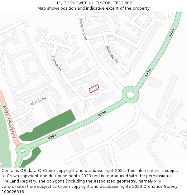 11, BOSNOWETH, HELSTON, TR13 8FP: Location map and indicative extent of plot
