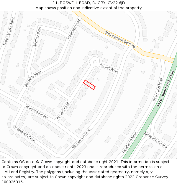 11, BOSWELL ROAD, RUGBY, CV22 6JD: Location map and indicative extent of plot