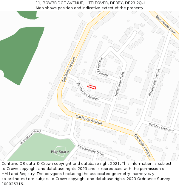 11, BOWBRIDGE AVENUE, LITTLEOVER, DERBY, DE23 2QU: Location map and indicative extent of plot