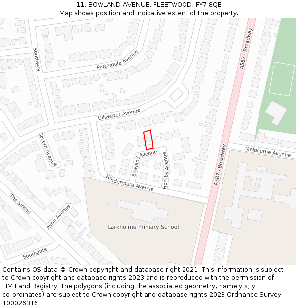 11, BOWLAND AVENUE, FLEETWOOD, FY7 8QE: Location map and indicative extent of plot