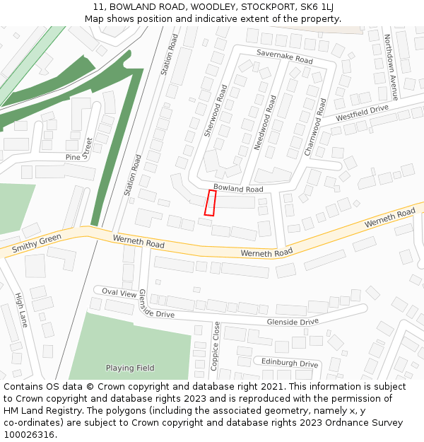 11, BOWLAND ROAD, WOODLEY, STOCKPORT, SK6 1LJ: Location map and indicative extent of plot