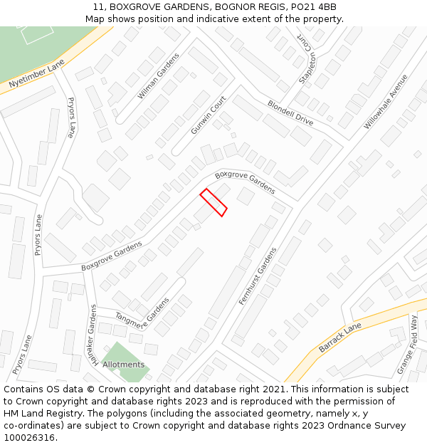 11, BOXGROVE GARDENS, BOGNOR REGIS, PO21 4BB: Location map and indicative extent of plot