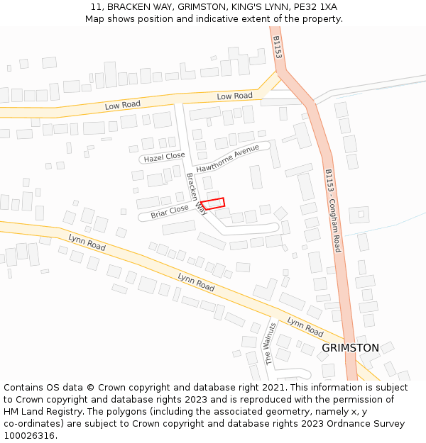 11, BRACKEN WAY, GRIMSTON, KING'S LYNN, PE32 1XA: Location map and indicative extent of plot