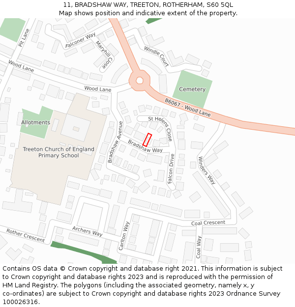 11, BRADSHAW WAY, TREETON, ROTHERHAM, S60 5QL: Location map and indicative extent of plot