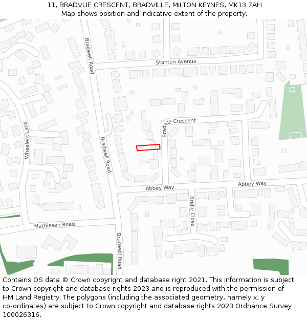 11, BRADVUE CRESCENT, BRADVILLE, MILTON KEYNES, MK13 7AH: Location map and indicative extent of plot