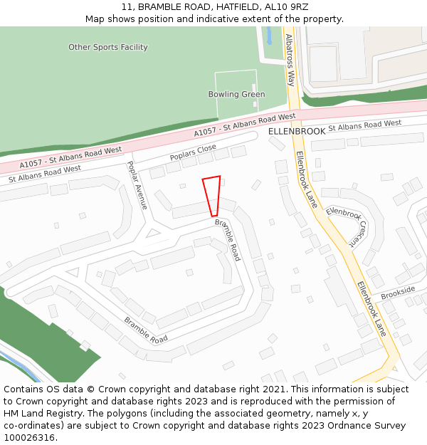 11, BRAMBLE ROAD, HATFIELD, AL10 9RZ: Location map and indicative extent of plot