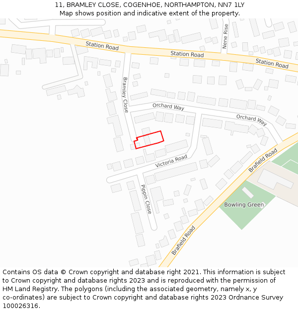 11, BRAMLEY CLOSE, COGENHOE, NORTHAMPTON, NN7 1LY: Location map and indicative extent of plot