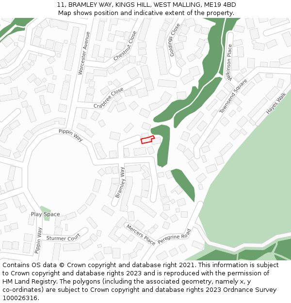 11, BRAMLEY WAY, KINGS HILL, WEST MALLING, ME19 4BD: Location map and indicative extent of plot