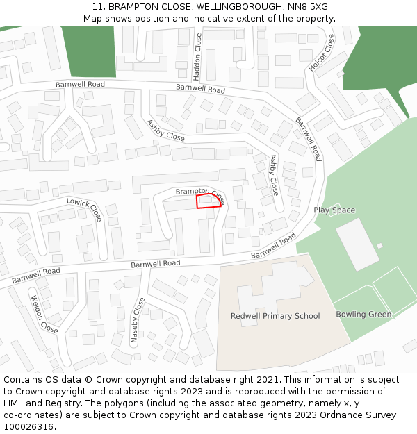 11, BRAMPTON CLOSE, WELLINGBOROUGH, NN8 5XG: Location map and indicative extent of plot