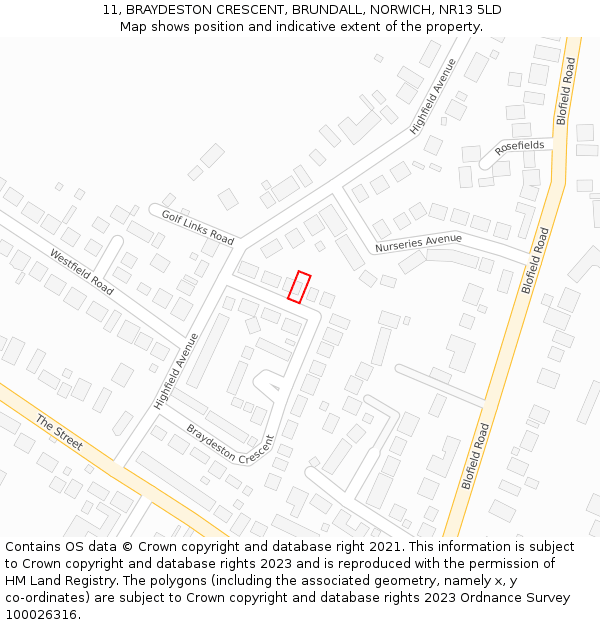 11, BRAYDESTON CRESCENT, BRUNDALL, NORWICH, NR13 5LD: Location map and indicative extent of plot