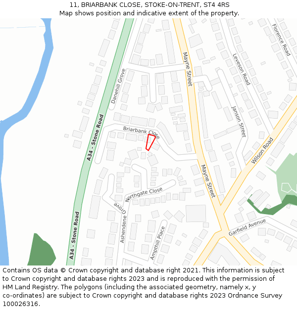 11, BRIARBANK CLOSE, STOKE-ON-TRENT, ST4 4RS: Location map and indicative extent of plot