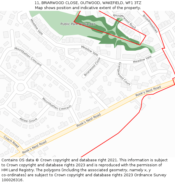 11, BRIARWOOD CLOSE, OUTWOOD, WAKEFIELD, WF1 3TZ: Location map and indicative extent of plot