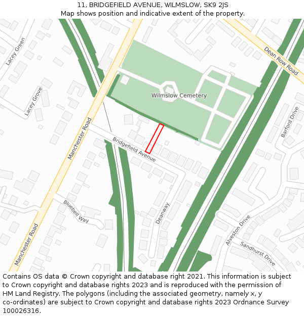 11, BRIDGEFIELD AVENUE, WILMSLOW, SK9 2JS: Location map and indicative extent of plot