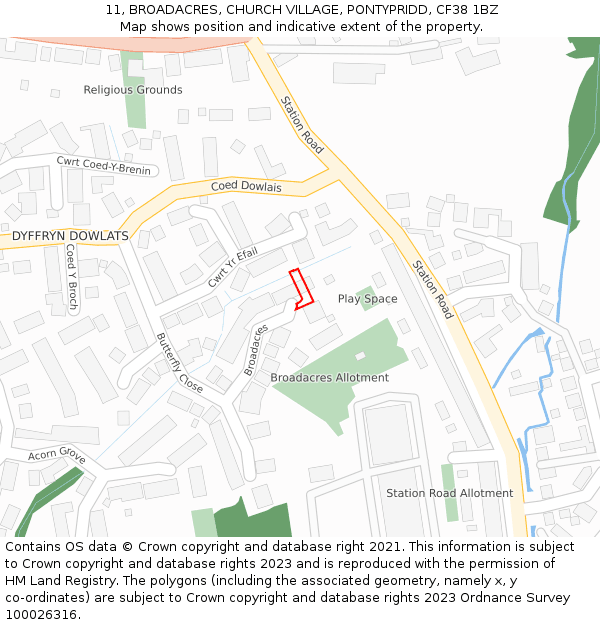 11, BROADACRES, CHURCH VILLAGE, PONTYPRIDD, CF38 1BZ: Location map and indicative extent of plot