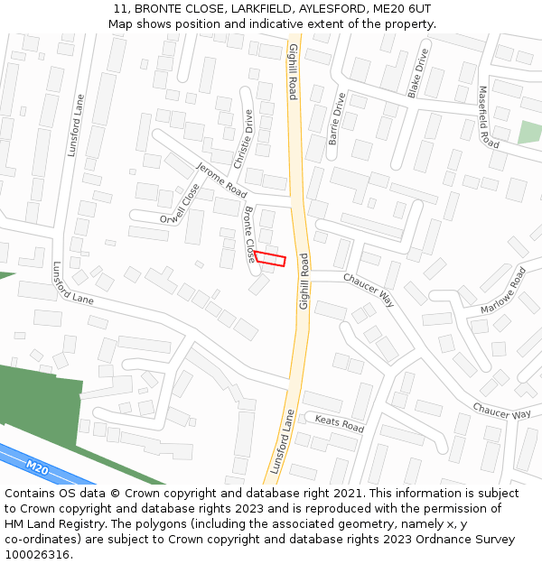 11, BRONTE CLOSE, LARKFIELD, AYLESFORD, ME20 6UT: Location map and indicative extent of plot