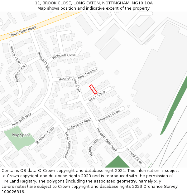 11, BROOK CLOSE, LONG EATON, NOTTINGHAM, NG10 1QA: Location map and indicative extent of plot