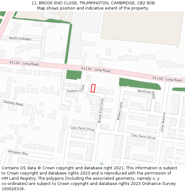 11, BROOK END CLOSE, TRUMPINGTON, CAMBRIDGE, CB2 9DB: Location map and indicative extent of plot