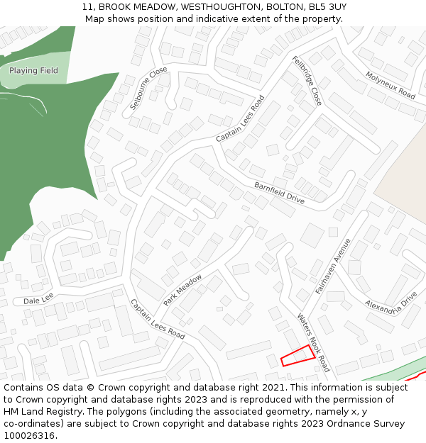 11, BROOK MEADOW, WESTHOUGHTON, BOLTON, BL5 3UY: Location map and indicative extent of plot