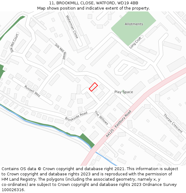 11, BROOKMILL CLOSE, WATFORD, WD19 4BB: Location map and indicative extent of plot