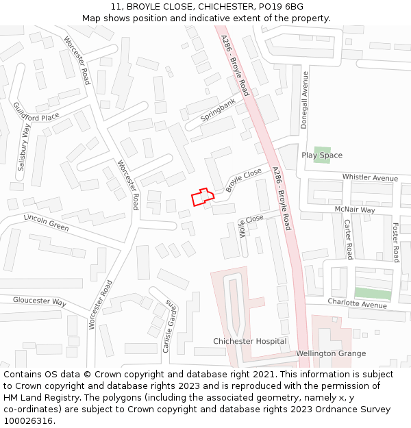 11, BROYLE CLOSE, CHICHESTER, PO19 6BG: Location map and indicative extent of plot