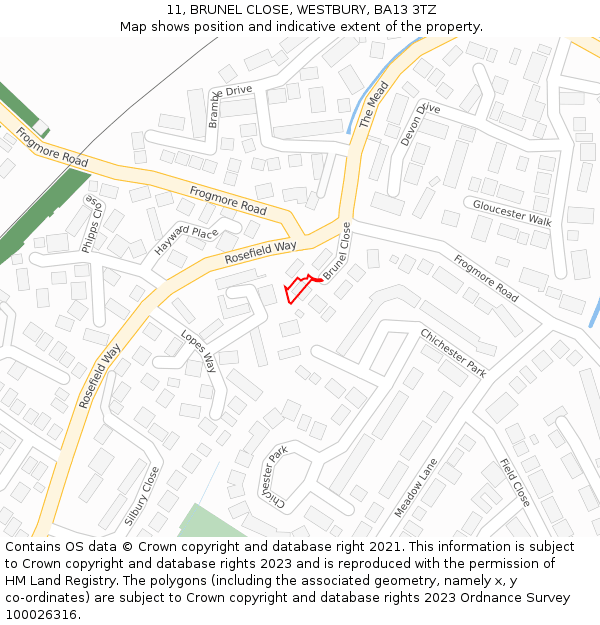 11, BRUNEL CLOSE, WESTBURY, BA13 3TZ: Location map and indicative extent of plot