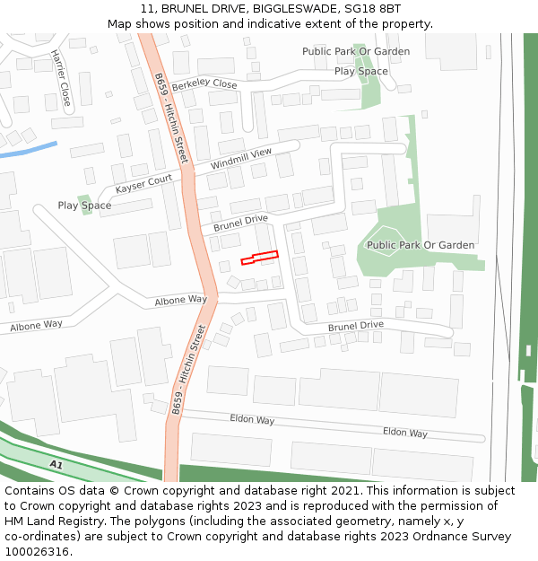 11, BRUNEL DRIVE, BIGGLESWADE, SG18 8BT: Location map and indicative extent of plot