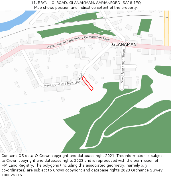 11, BRYNLLOI ROAD, GLANAMMAN, AMMANFORD, SA18 1EQ: Location map and indicative extent of plot