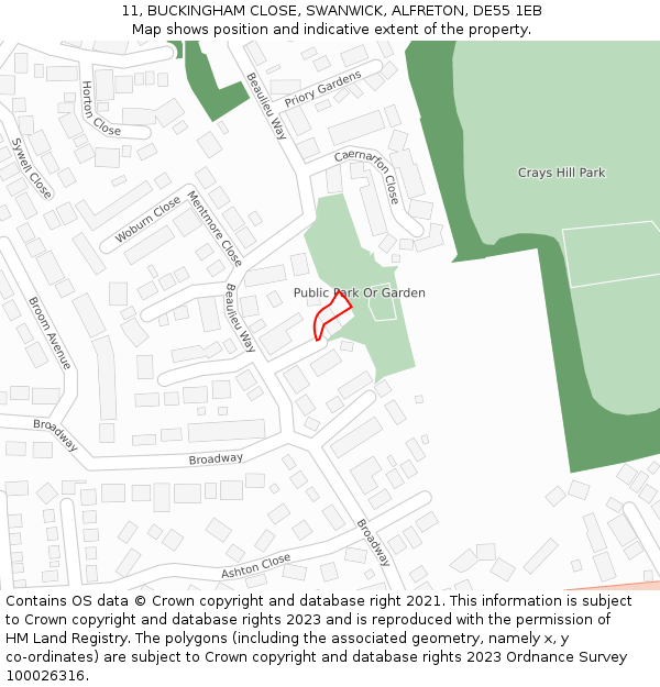 11, BUCKINGHAM CLOSE, SWANWICK, ALFRETON, DE55 1EB: Location map and indicative extent of plot