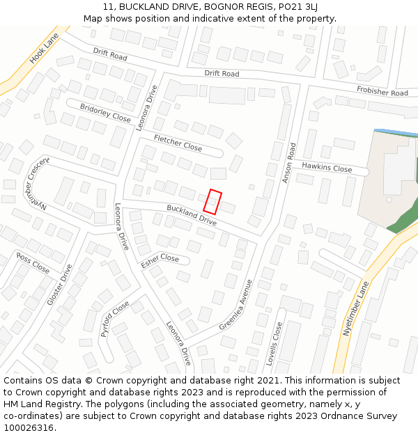 11, BUCKLAND DRIVE, BOGNOR REGIS, PO21 3LJ: Location map and indicative extent of plot