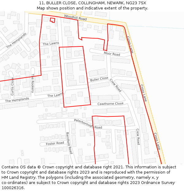 11, BULLER CLOSE, COLLINGHAM, NEWARK, NG23 7SX: Location map and indicative extent of plot