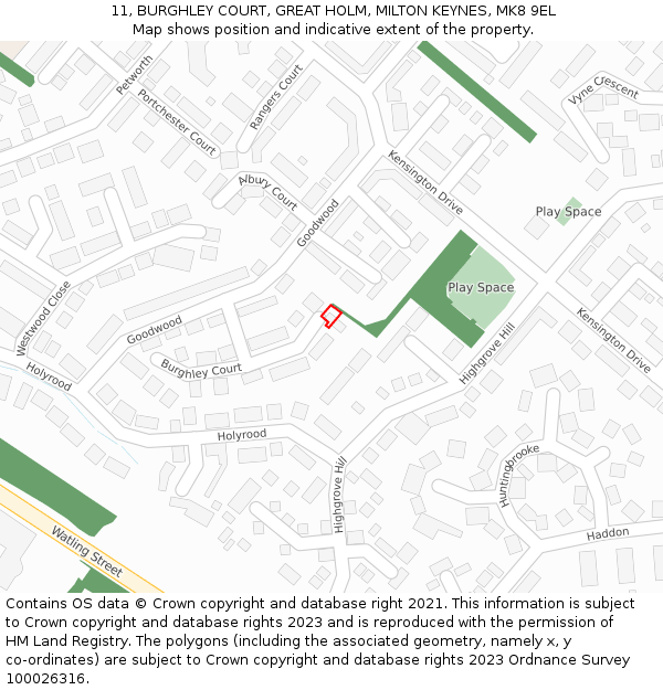 11, BURGHLEY COURT, GREAT HOLM, MILTON KEYNES, MK8 9EL: Location map and indicative extent of plot