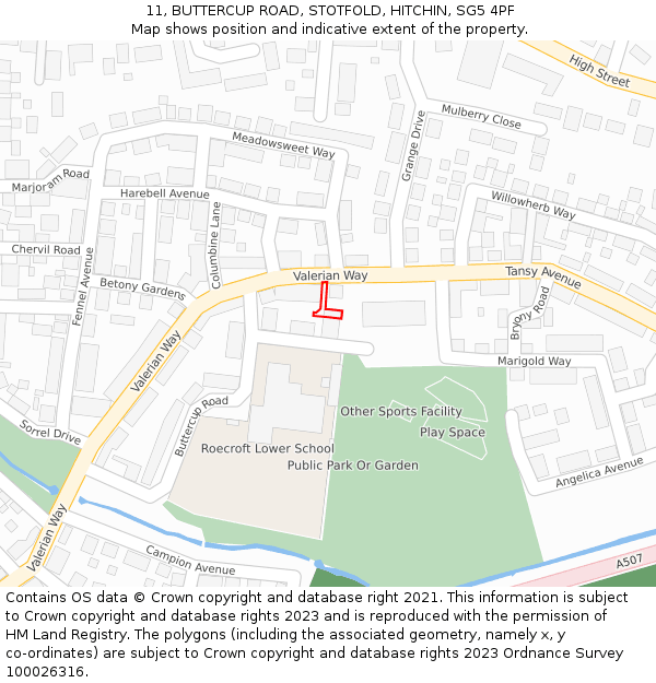 11, BUTTERCUP ROAD, STOTFOLD, HITCHIN, SG5 4PF: Location map and indicative extent of plot