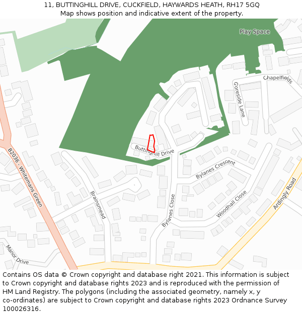 11, BUTTINGHILL DRIVE, CUCKFIELD, HAYWARDS HEATH, RH17 5GQ: Location map and indicative extent of plot