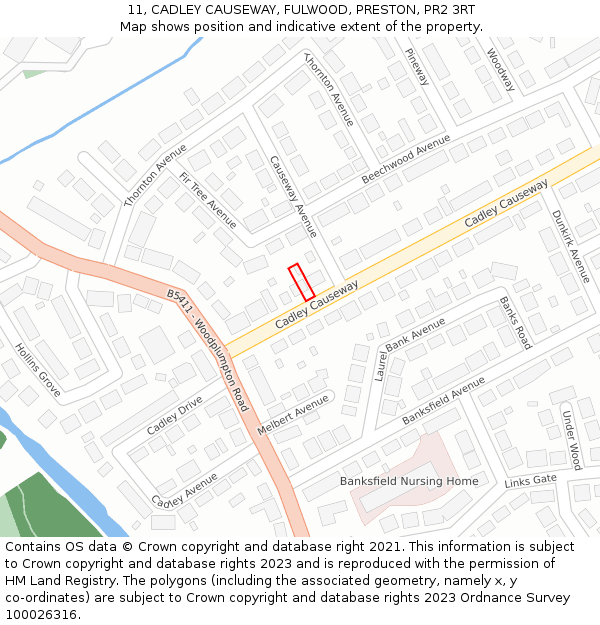 11, CADLEY CAUSEWAY, FULWOOD, PRESTON, PR2 3RT: Location map and indicative extent of plot