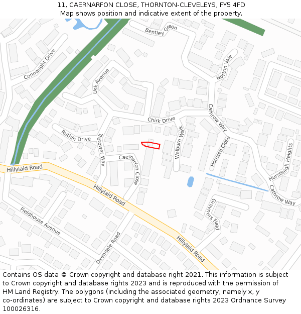 11, CAERNARFON CLOSE, THORNTON-CLEVELEYS, FY5 4FD: Location map and indicative extent of plot