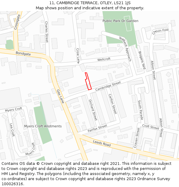 11, CAMBRIDGE TERRACE, OTLEY, LS21 1JS: Location map and indicative extent of plot