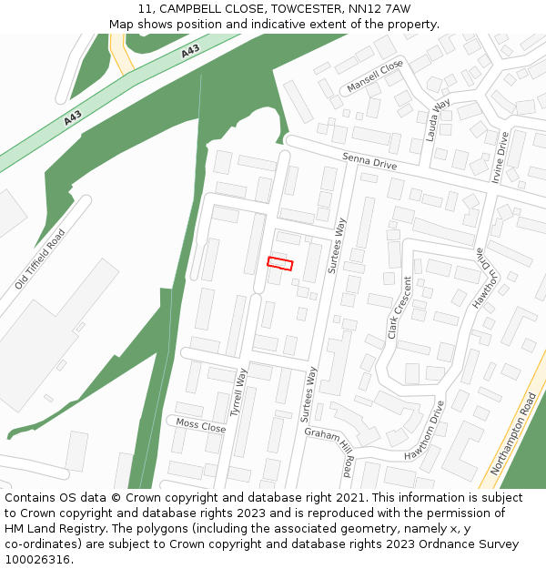 11, CAMPBELL CLOSE, TOWCESTER, NN12 7AW: Location map and indicative extent of plot